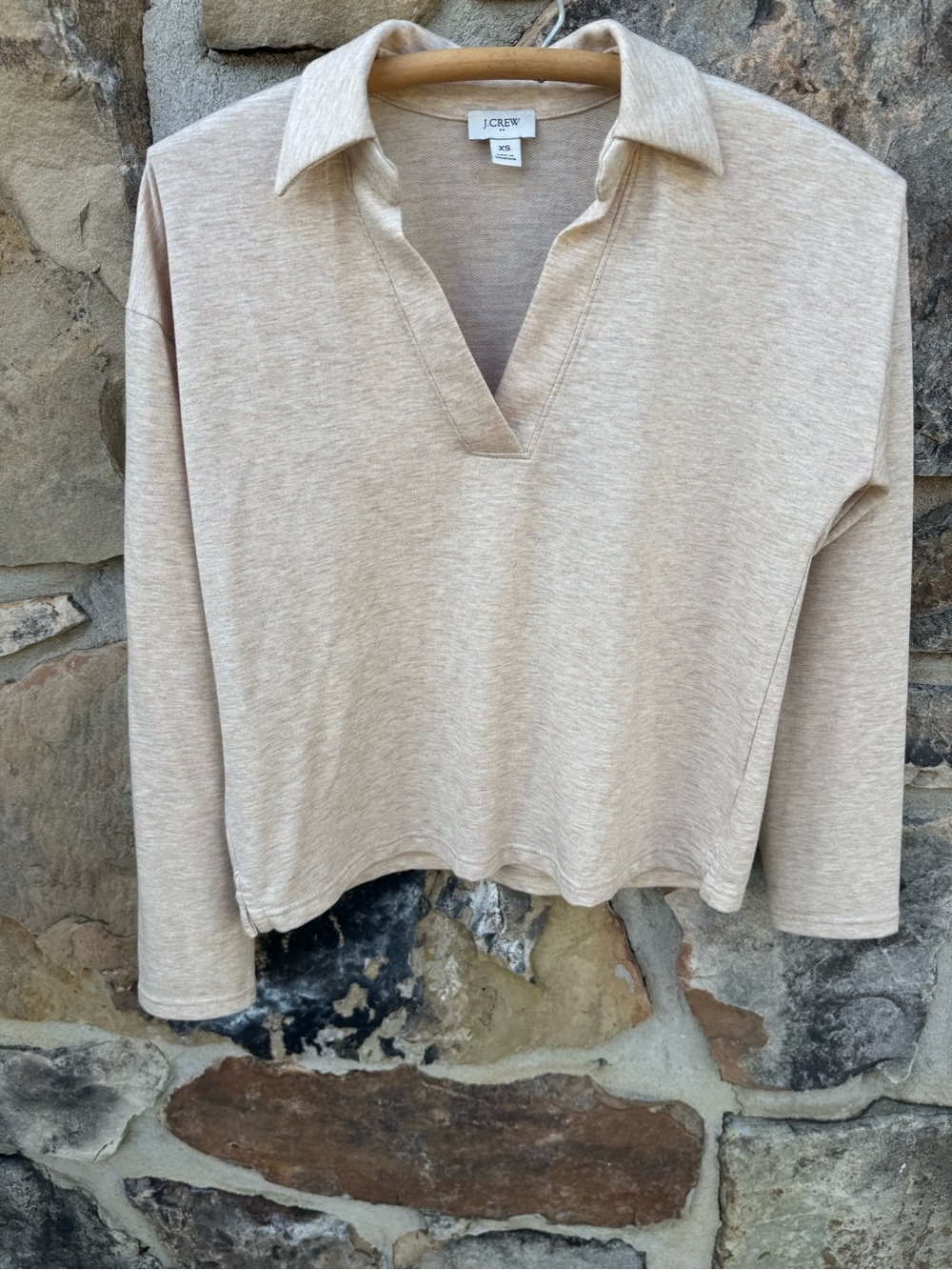 J. Crew Neutral Heather Beige Oatmeal V-Neck Polo Sweatshirt XS Cozy Athleisure